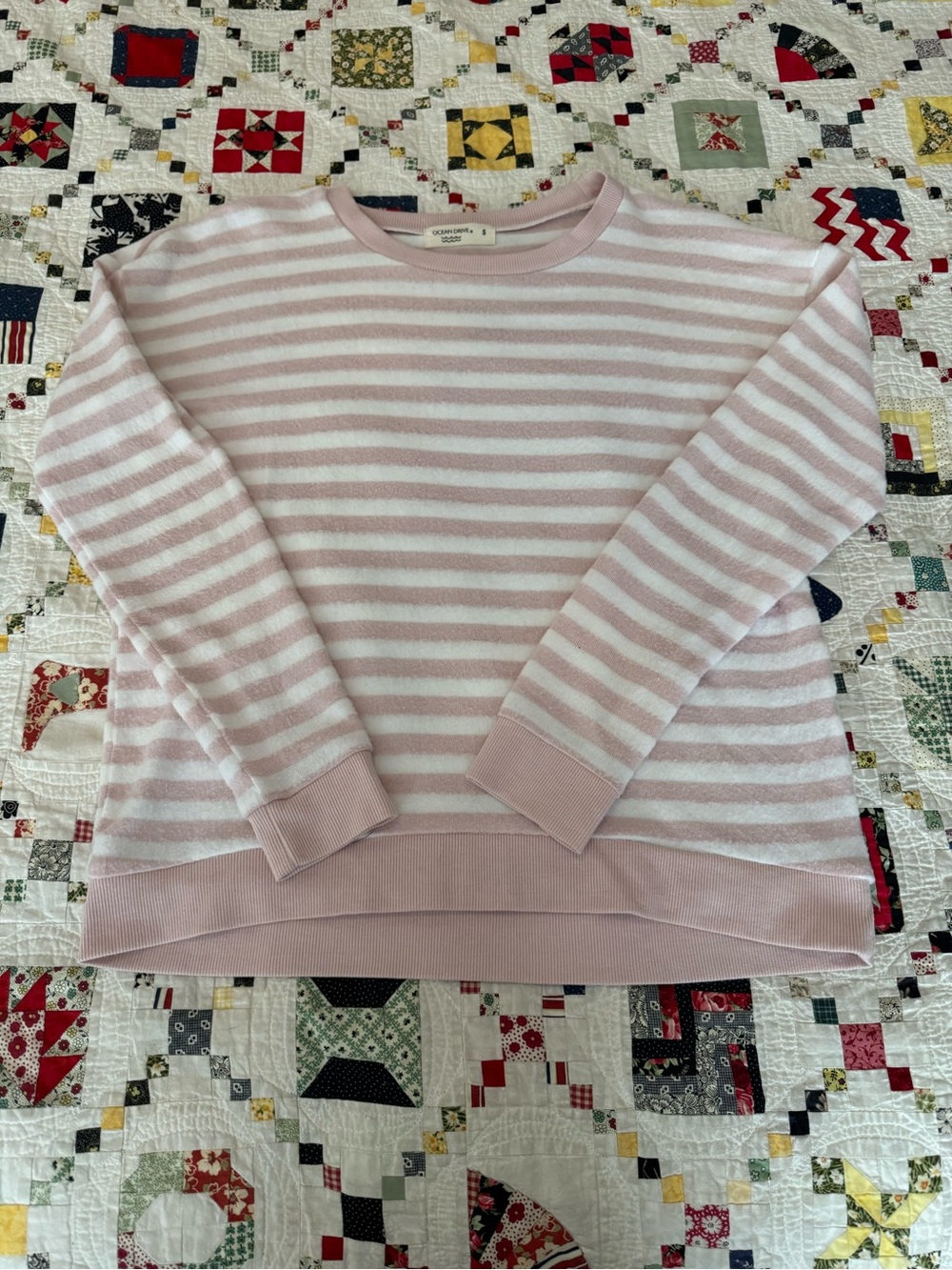 Ocean Drive Pink and White Striped Crewneck Fleece Sweatshirt
